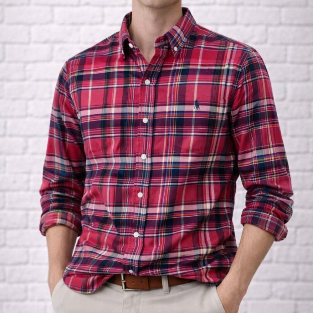 Ralph Lauren Red Flannel Button Front Long Sleeve Top Size M